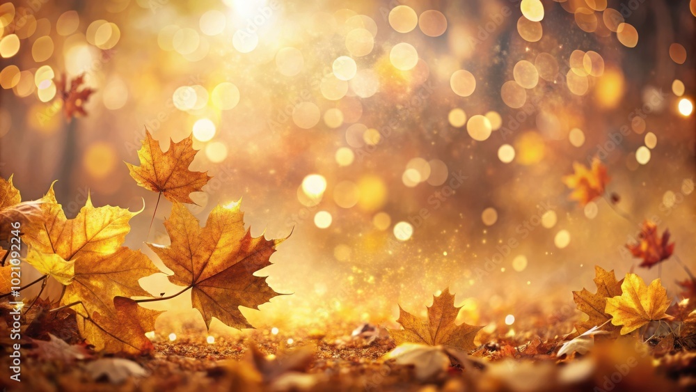 Poster Golden Autumn Leaves with a Sparkling Backdrop of Bokeh Lights and a Sense of Tranquility