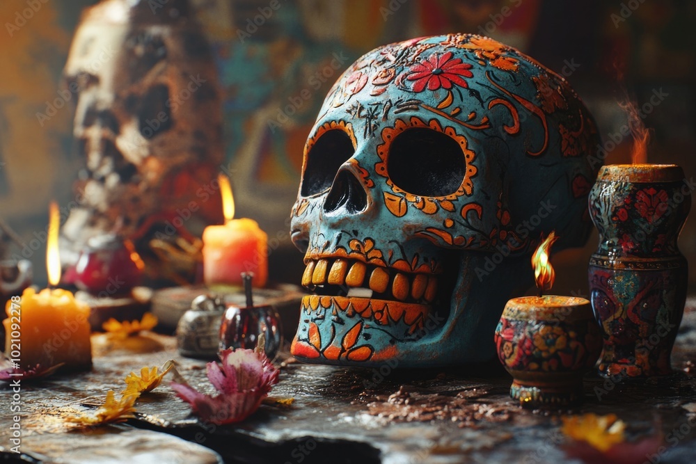 Poster a colorful skull sits atop a table next to flickering candles, perfect for a halloween-themed image 