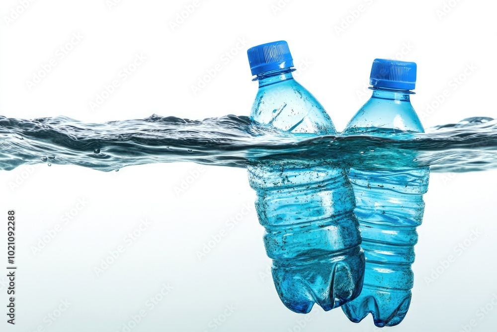 Poster two plastic water bottles floating on the surface of a lake or ocean, suitable for use in a travel, 