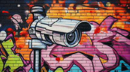 Pop art comic street graffiti with security camera on brick wall. Surveillance society criticism graffiti.