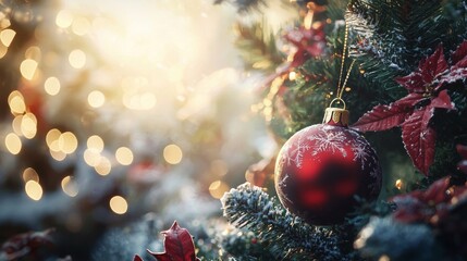 Christmas tree with red ornament and poinsettia flowers