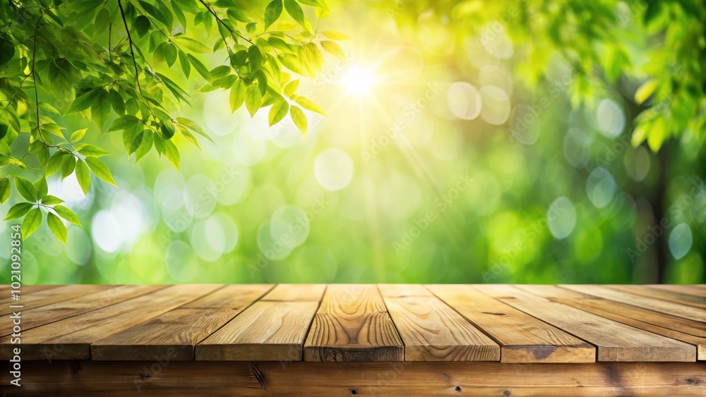 Poster empty wooden tabletop against a backdrop of lush greenery and sunlit bokeh