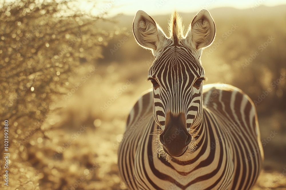 Poster a close-up view of a zebra in its natural habitat, possibly used as a design element or illustration