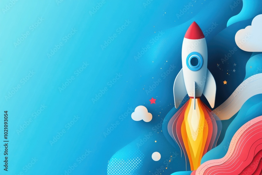 Poster a single rocket propels through a cloudy atmosphere, offering a glimpse of its trajectory