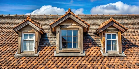 Three Dormers with White Windows on a Weathered Tile Roof against a Bright Blue Sky