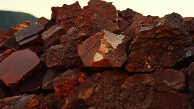 pile of mined copper ore,  zoom in. 4K

