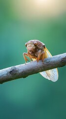 Obraz premium A mature cicada with intricate wing patterns perches on a slender branch, its golden body contrasting against a soft green out of focus background