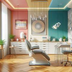 A modern dental office with a dental chair, equipment, and a colorful color scheme. The room is bright and inviting, suggesting a comfortable and modern experience.