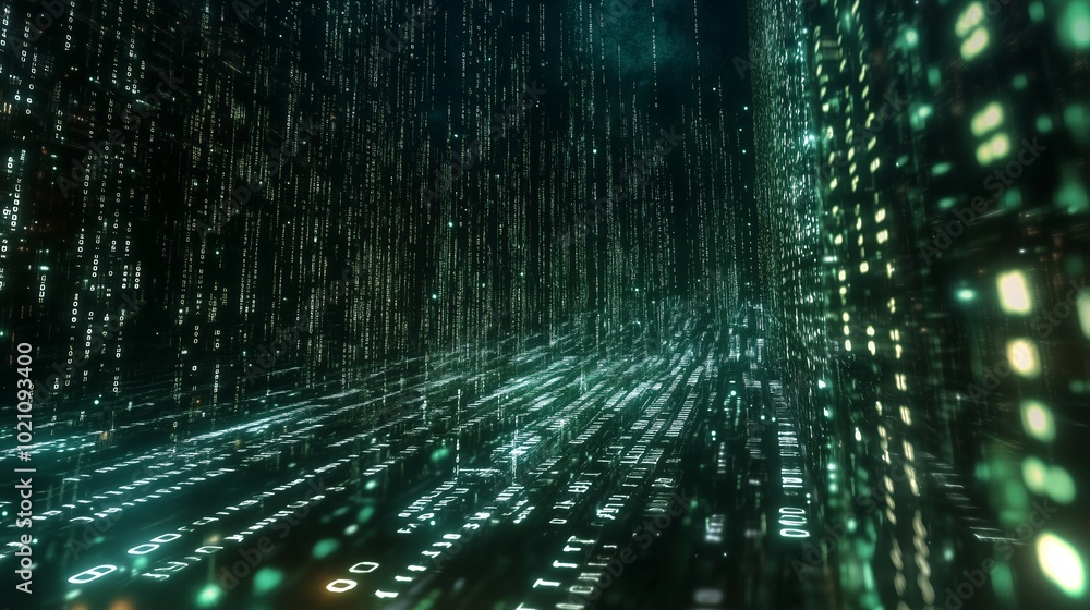 Poster an immersive digital landscape of flowing binary code showcasing a futuristic technology environment