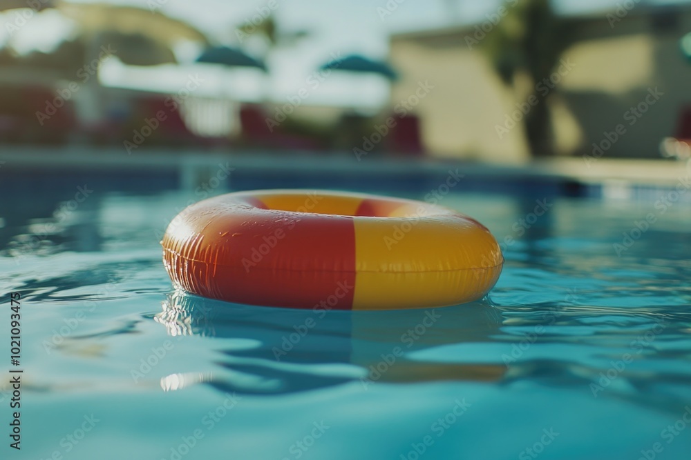 Poster a life preserver floats on the surface of a swimming pool, ready for use