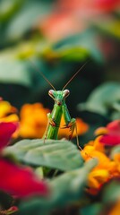 A bright green praying mantis perched alertly among colorful flowers, showcasing its striking form against a vivid floral background