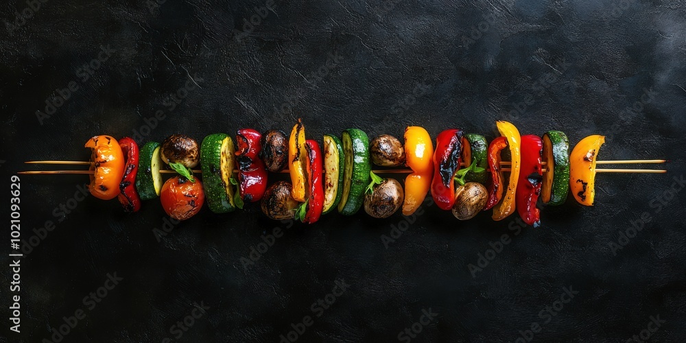 Wall mural colorful vegetable skewers with grilled peppers and mushrooms on a dark background.