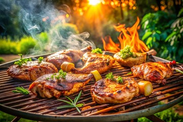 Indulge in the joy of grilling chicken and pork, where candid moments capture the love for food and the delightful flavors of backyard barbecues.