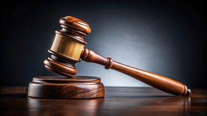 A close-up shot of a wooden gavel resting on a wooden sound block, with a blurred background suggesting the setting of a courtroom or an office