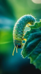 Fototapeta premium Extreme close up of a pale green caterpillar with spiky hairs and white spots, perched on the edge of a vibrant green leaf, highlighting its unique features and camouflage