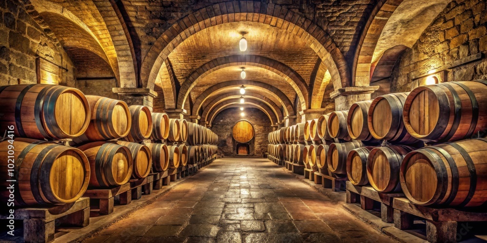 Poster a historic wine cellar with rows of wooden barrels stacked high, illuminated by warm light filtering