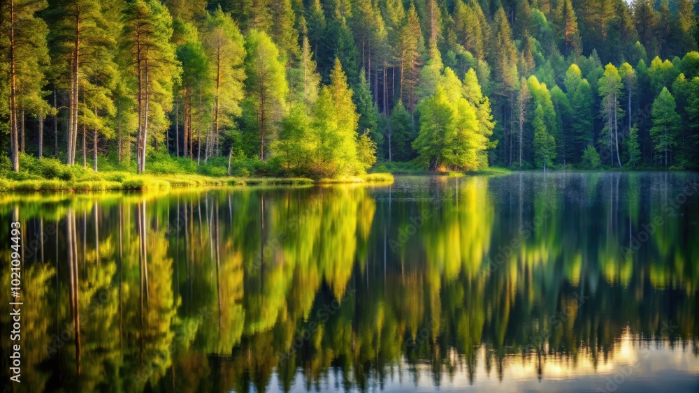 Poster serene reflection of a verdant forest on a still lake