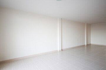 White room for the background. empty room interior, white mortar wall and clean tile floor in a new house