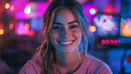 Caucasian Woman Gamer - smiling, woman, portrait, neon, colorful, happy, young, beauty, joyful, glowing, casual, illuminated, trendy, relaxed, vibrant