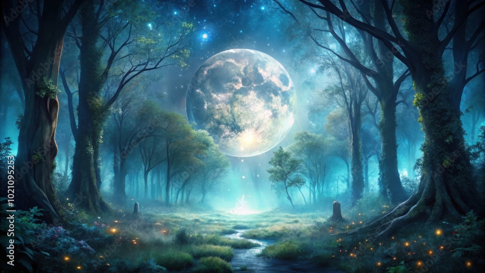 Poster a magical forest bathed in the ethereal glow of a luminous full moon, casting an otherworldly spell 