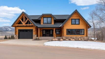 A charming log house sits among snow-covered mountains, adorned with icicles, inviting warmth against the cold winter forest backdrop