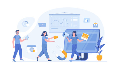 Viral Marketing, Advertising and Promotion. Social media sharing. Vector illustration with characters in flat design for web banner.