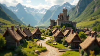 Fototapeta premium Tilt-Shift Image of a Picturesque Medieval Fantasy Village Nestled in a Valley with Towering Mountains