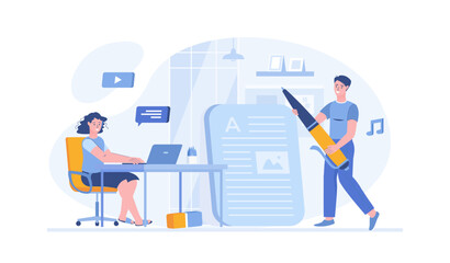 Copywriting. Writing web pages, ads, promotional, make valuable content. Effective online marketing. Vector illustration with characters in flat design for web banner.