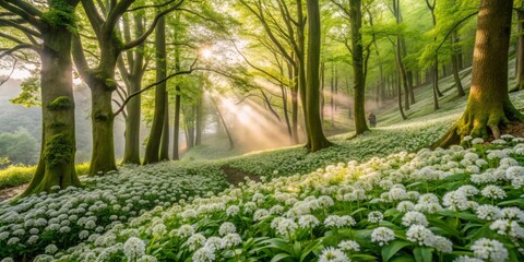 In the misty woodlands of Ullswater, Lake District, vibrant wild garlic blossoms flourish, enhancing the serene atmosphere and showcasing nature's