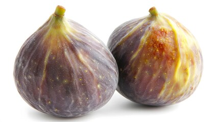 Perfectly Ripe Figs: isolate on white background. A close-up shot of two plump, perfectly ripe figs, their velvety skin contrasting against the pristine white background. The soft lighting highlights 