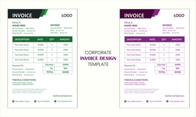 Creative modern business invoice design template with multiple color variation 