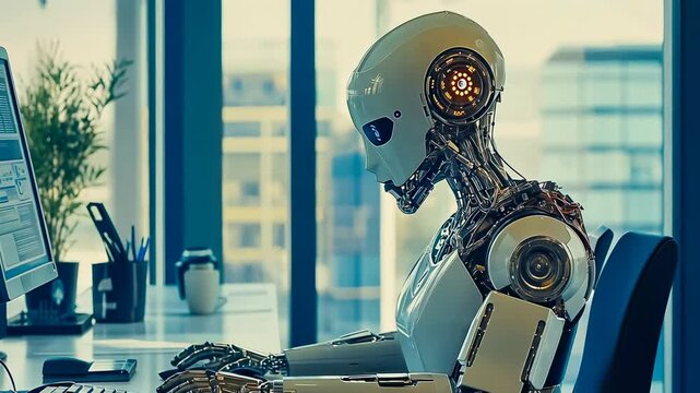 A robot endowed with human-like features types diligently at a computer in a modern office setting, illuminating themes of AI integration.