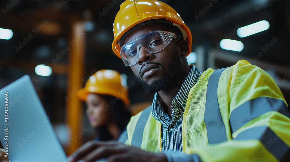 Poster factory engineers and men in uniforms are working controlling machines. industrial plant in producti