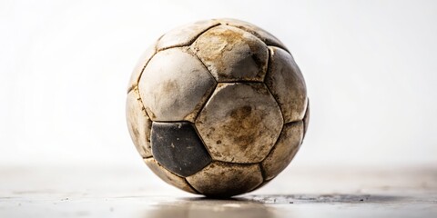 Isolated old soccer ball against a white background, presented with tilt-shift photography. Captures a sports lover's devotion, revealing the charm