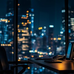 Fototapeta premium A modern office workspace with a city skyline view at night, showcasing a professional atmosphere.