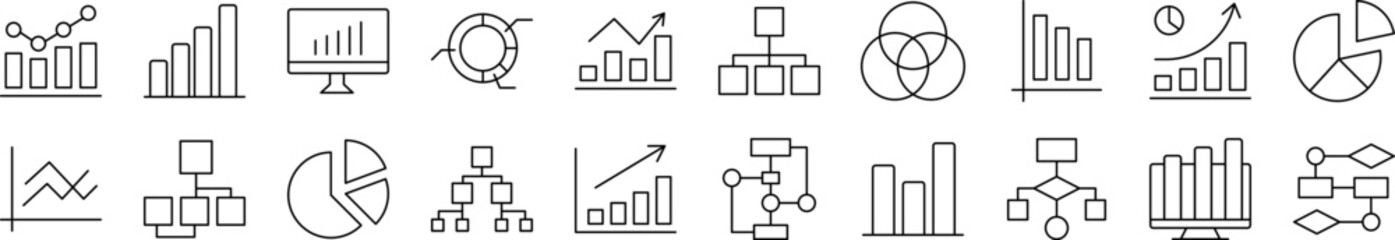 Diagrams, Pie Charts, Progress Bars Line Icon Collection. Editable Stroke. Perfect for Infographics, Articles, Books, Flyers, Banners