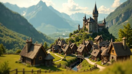 Tilt-Shift Image of a Picturesque Medieval Fantasy Village Nestled in a Valley with Towering Mountains