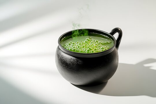 Steaming potion in black cauldron with green bubbles