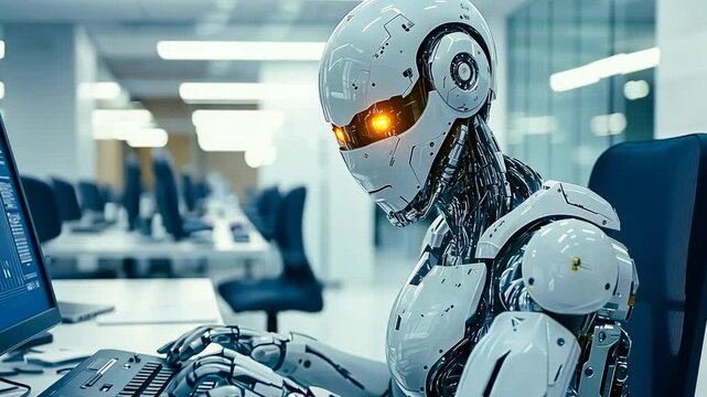 A highly detailed robot with human features works efficiently on a computer in a modern office setting, symbolizing automation and the future of technology.