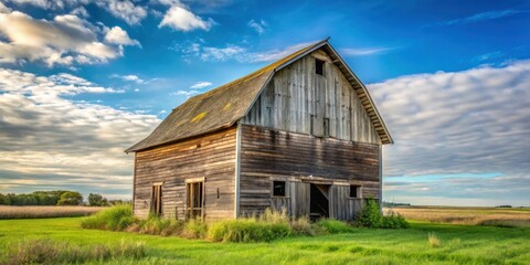 Obraz premium A weathered wooden barn stands solitary in a field of grass, a testament to simpler times and the enduring beauty of rural landscapes.