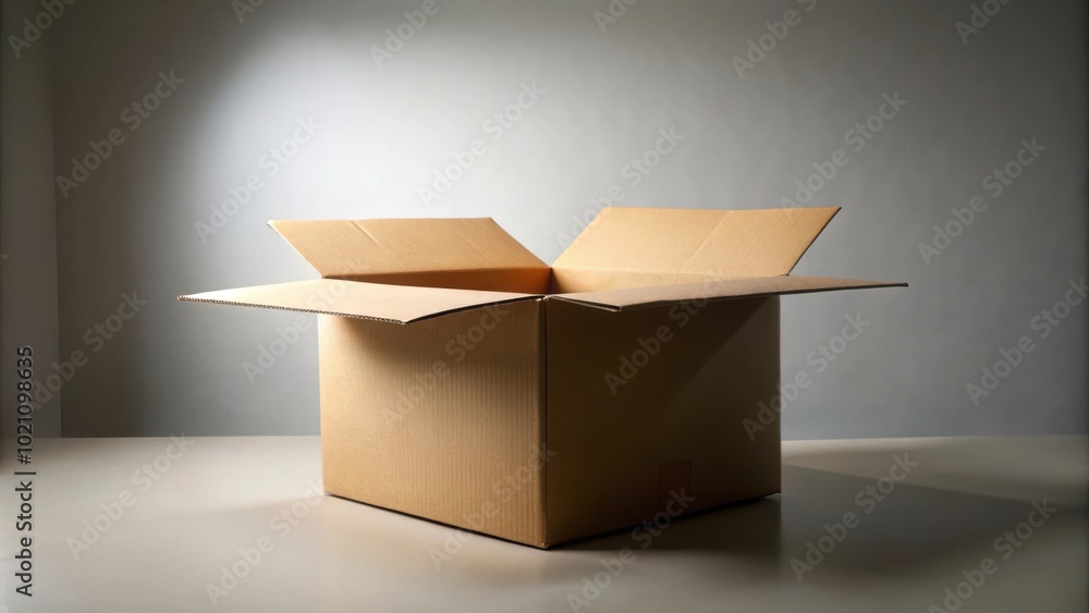 Poster an empty cardboard box, opened and waiting to be filled, sits on a white surface under a single spot