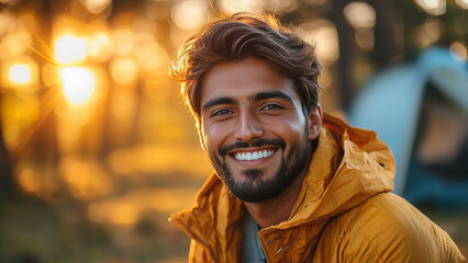 Obraz premium Indian Man Camper - man, smiling, outdoors, camping, nature, golden hour, happiness, adventure, relaxation, portrait, young adult, exploring, autumn, lifestyle
