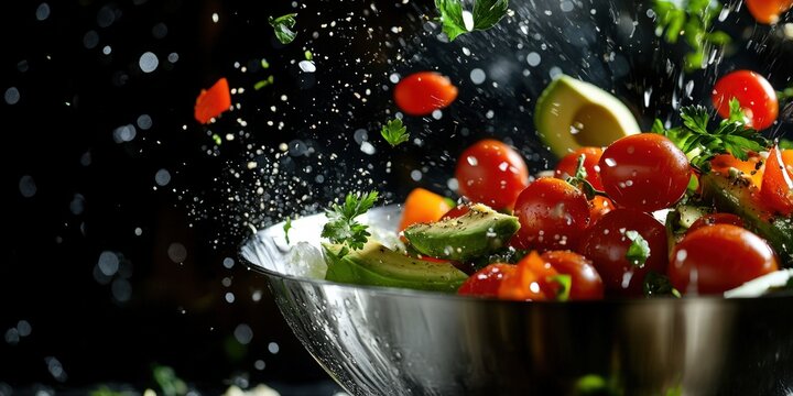 A vibrant salad with cherry tomatoes, avocado, and herbs tossed in mid-air, capturing a sense of freshness and dynamism.