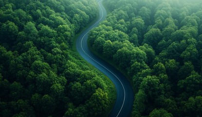 Fototapeta premium A winding road through a forest with trees on both sides