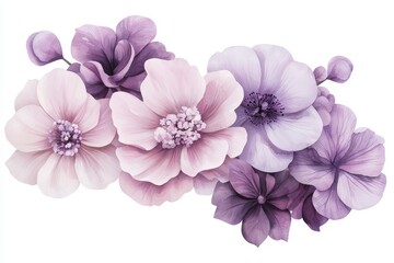 Fototapeta premium Elegant watercolor flower arrangement with pastel pinks and lilacs, ideal for wedding decor, nature-inspired designs, or botanical art prints
