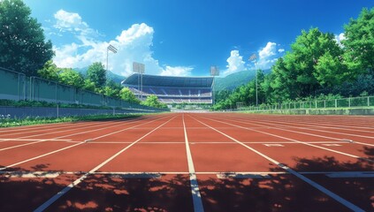 Obraz premium A track field with a stadium in the background