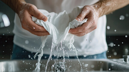 Fototapeta premium Close-up of hands wringing out a soaked t-shirt over a sink, water droplets splashing as the fabric is tightly twisted.