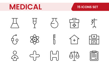 Set of Medical web icons in line style. Medicine and Health Care, RX. Medicine, check up, doctor, dentistry, pharmacy, lab, scientific discovery, collection.