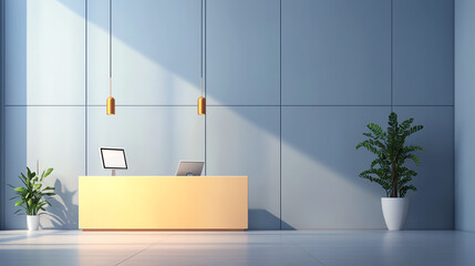 Modern reception area featuring sleek design, warm lighting, and indoor greenery, creating an inviting atmosphere for visitors.