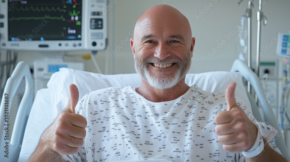 Wall mural smiling bald man giving thumbs up in hospital bed with medical equipment